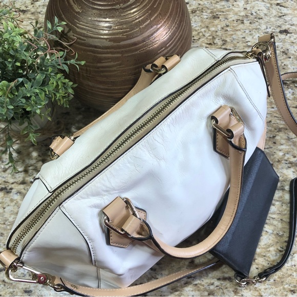 Kate Spade Off White Tan Pippa Parnell Street Leather Satchel Beige w/ Wallet - Picture 8 of 13